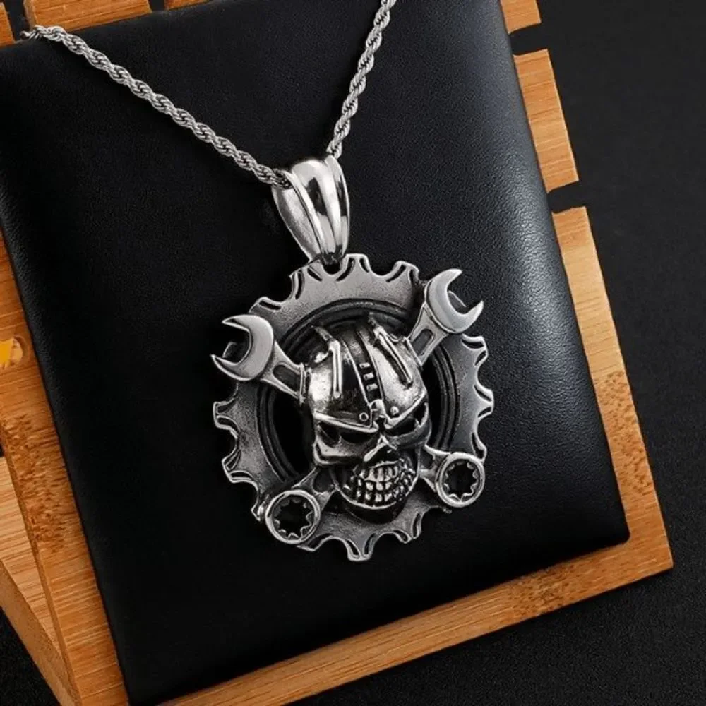 Skull Head on Wrench and Gear Stainless Steel Pendant Necklace